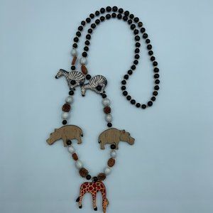 Vintage Animal Carved Wooden Necklace from Kenya